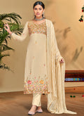Beige Cream Multi Floral Embroidery Pant Style Suit