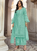 Aqua Blue Embroidery Pakistani Pant Style Suit