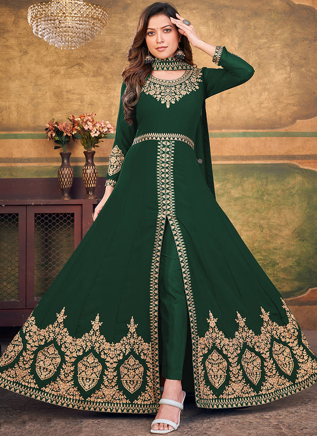 Green Slit Style Embroidered Anarkali Pants Suit