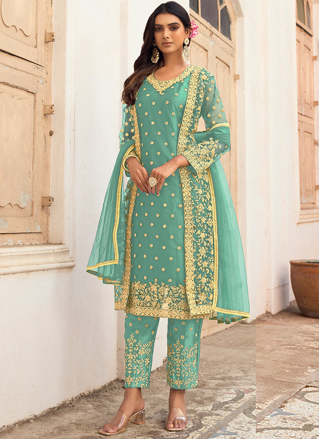 Sea Green Embroidery Pakistani Pant Style Suit