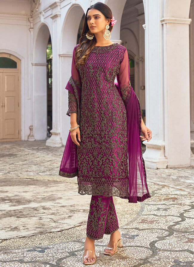 Buy Pakistani Suits - Magenta Embroidery Pakistani Pant Style Suit