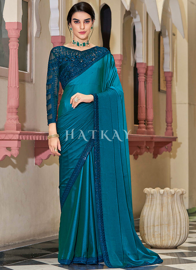 Turquoise Sequence Embroidery Designer Silk Saree