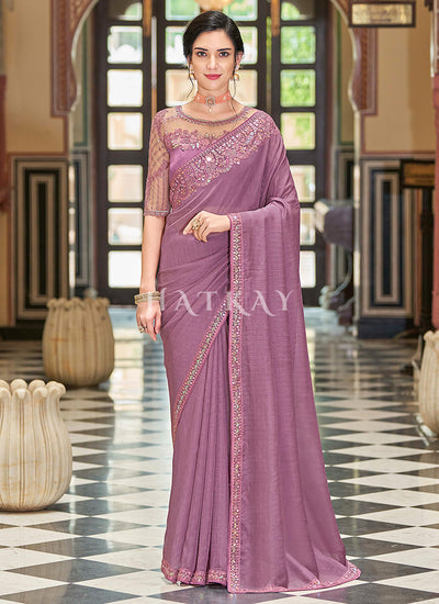 Purple Sequence Embroidery Designer Silk Saree