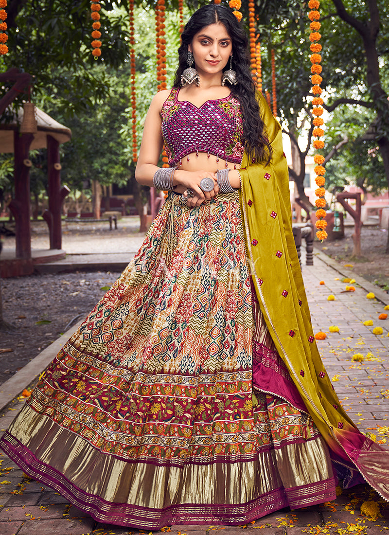 Buy Lehenga Choli - Olive Purple Multi Mirror Work Embroidery Satin Lehenga Choli