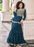 Blue Embroidered Designer Lehenga Kurti