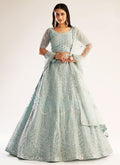 Ice Blue Mirror Embroidered Soft Net Wedding Lehenga Choli