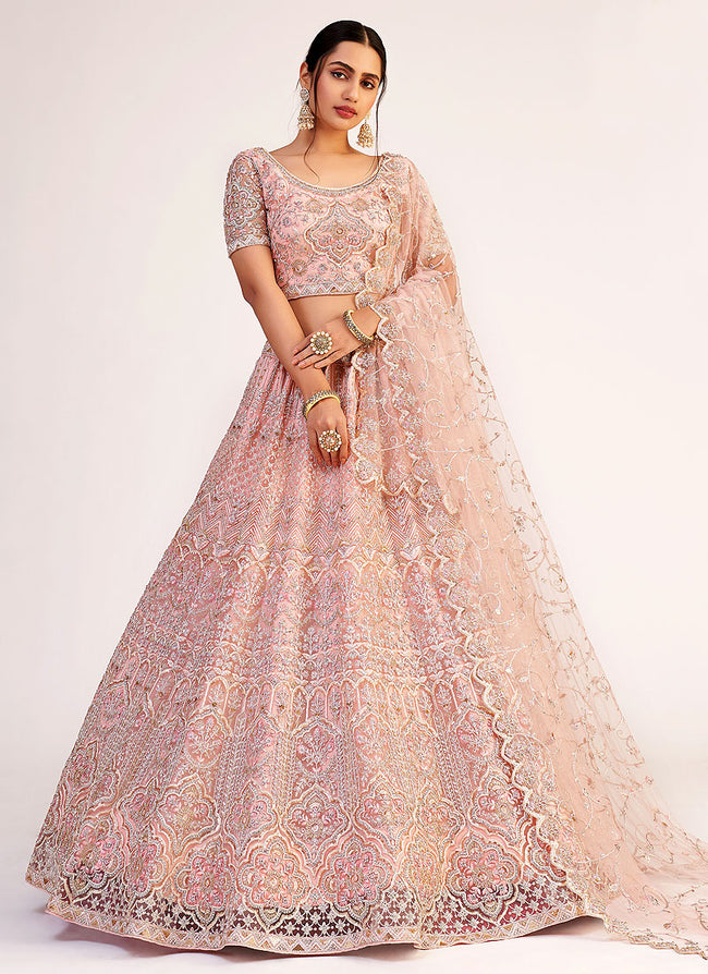 Soft Pink Zarkan Embroidered Soft Net Wedding Lehenga Choli