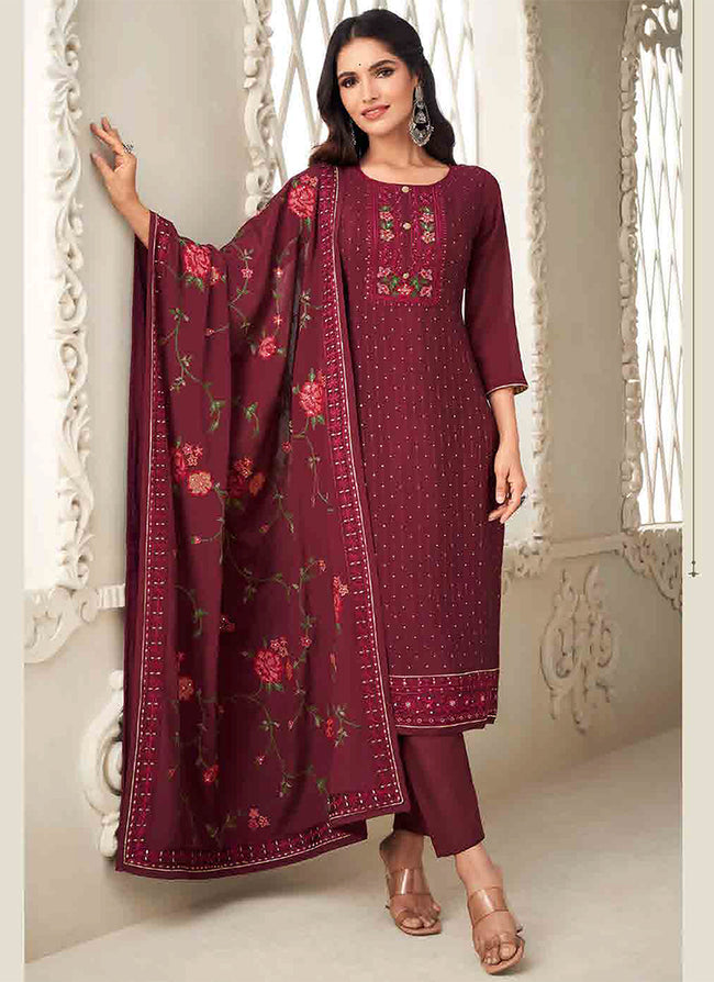 Buy Latest Indian Suits Online - Cherry Red Floral Embroidery