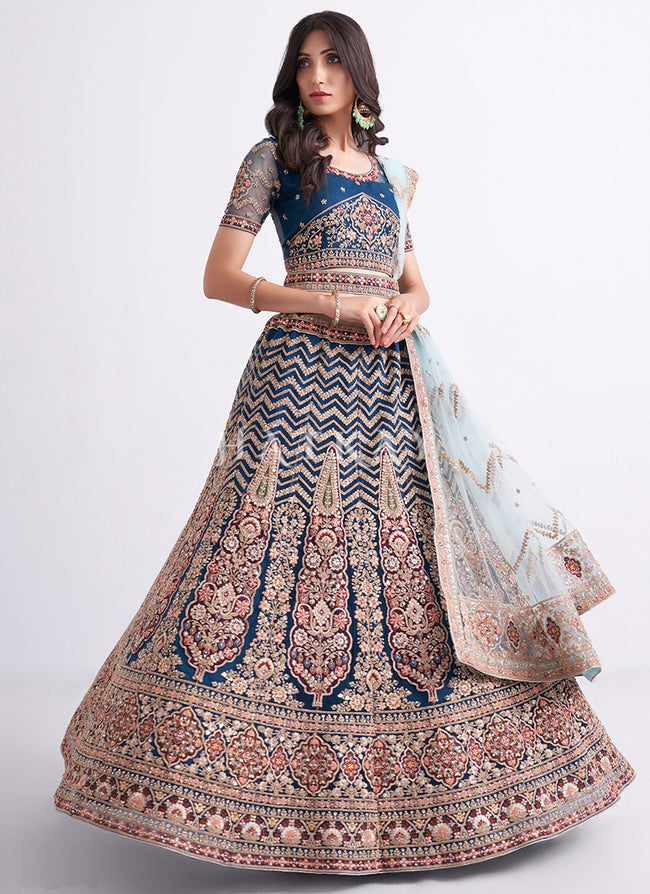 Designer blue silk heavy embroidered designer bridal wedding lehenga choli