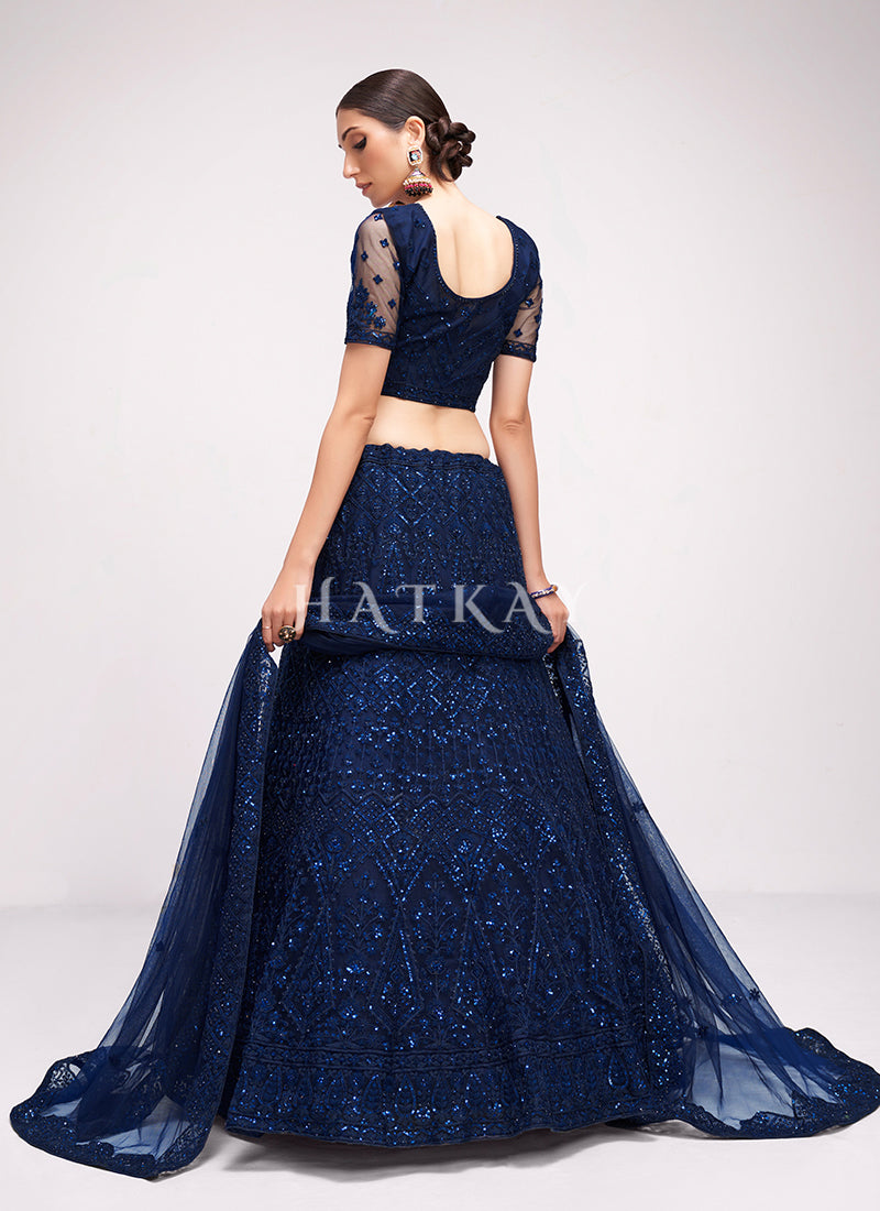 Buy Lehenga Choli - Cobalt Blue Sequence Embroidered Wedding Lehenga Choli Shop Bridesmaid Lehenga In USA, UK, Canada, Germany, Mauritius, Singapore With Free Shipping Worldwide.