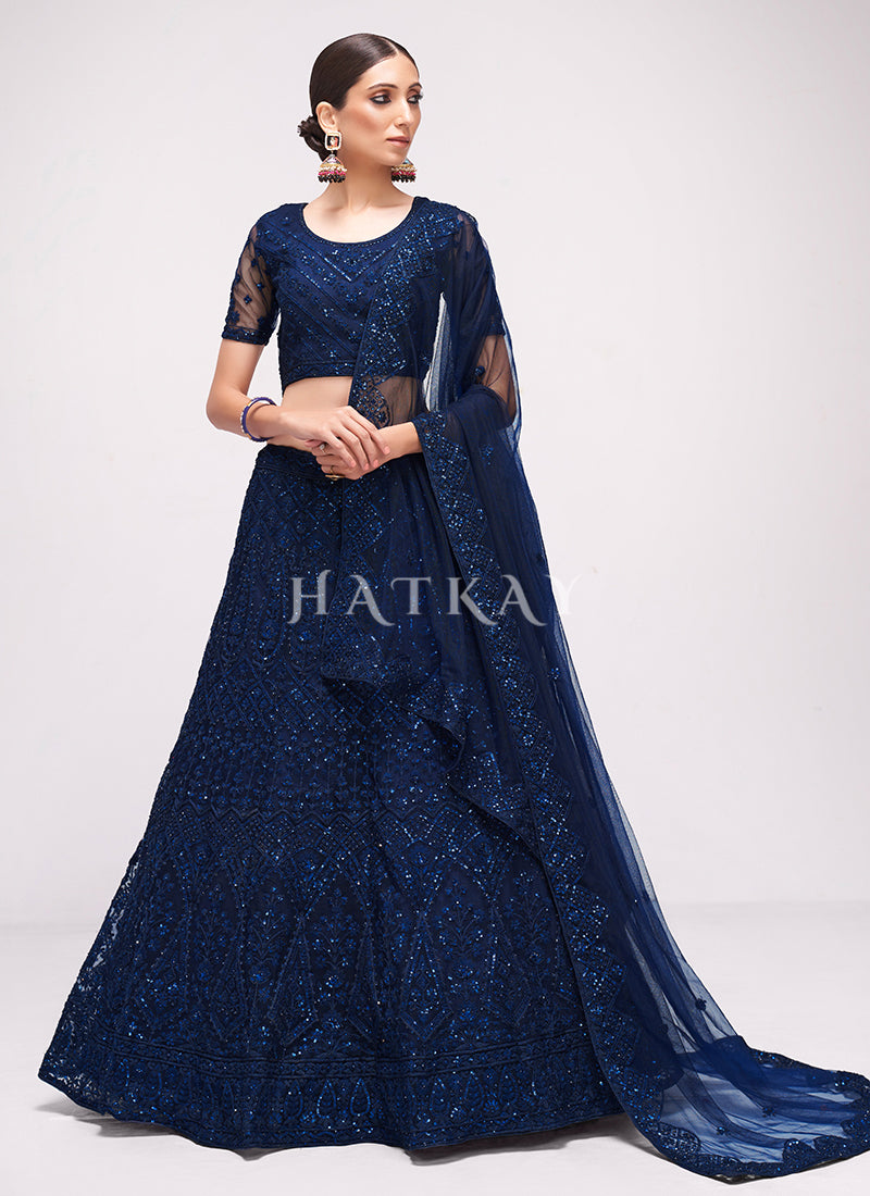 Cobalt Blue Sequence Embroidered Wedding Lehenga Choli