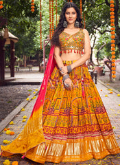 Buy Lehenga Choli - Yellow Multi Mirror Work Embroidery Satin Lehenga Choli