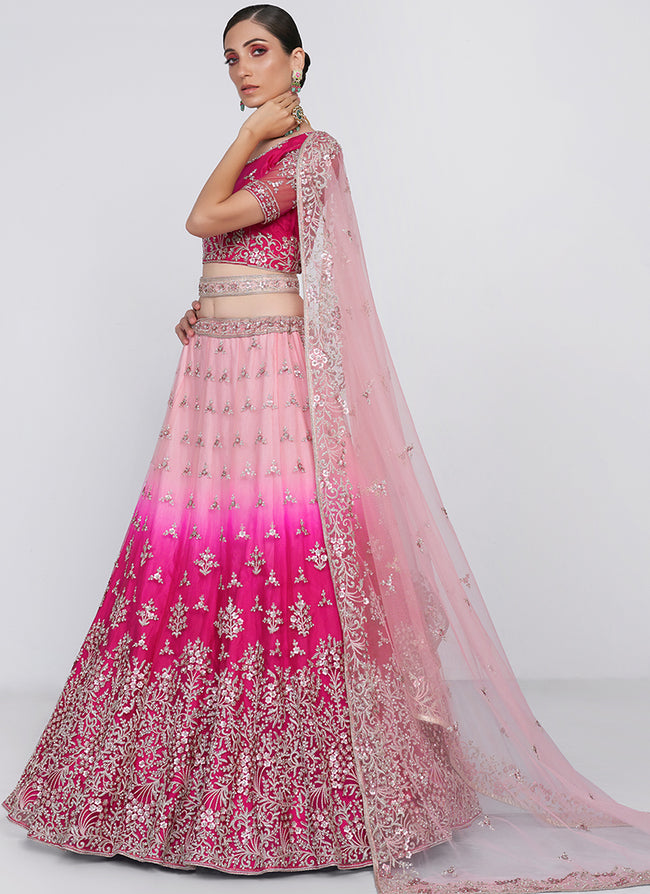 Buy Designer Lehengas - Pink Ombré Zarkan Embroidery Wedding Lehenga Choli At Hatkay