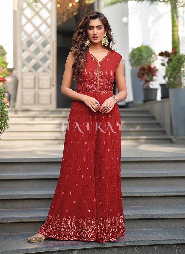 Rouge Red Traditional Embroidered Flared Jumpsuit