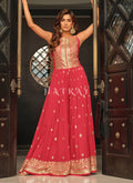 Gloss Red Traditional Embroidered Flared Jumpsuit