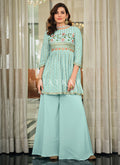 Buy Indian Suits | Aqua Blue Multi Embroidered Gharara Suit