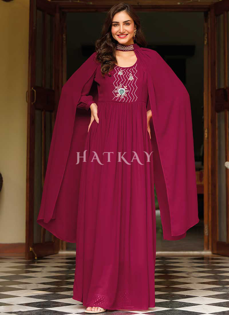 Magenta Embroidered Georgette Anarkali Gown 