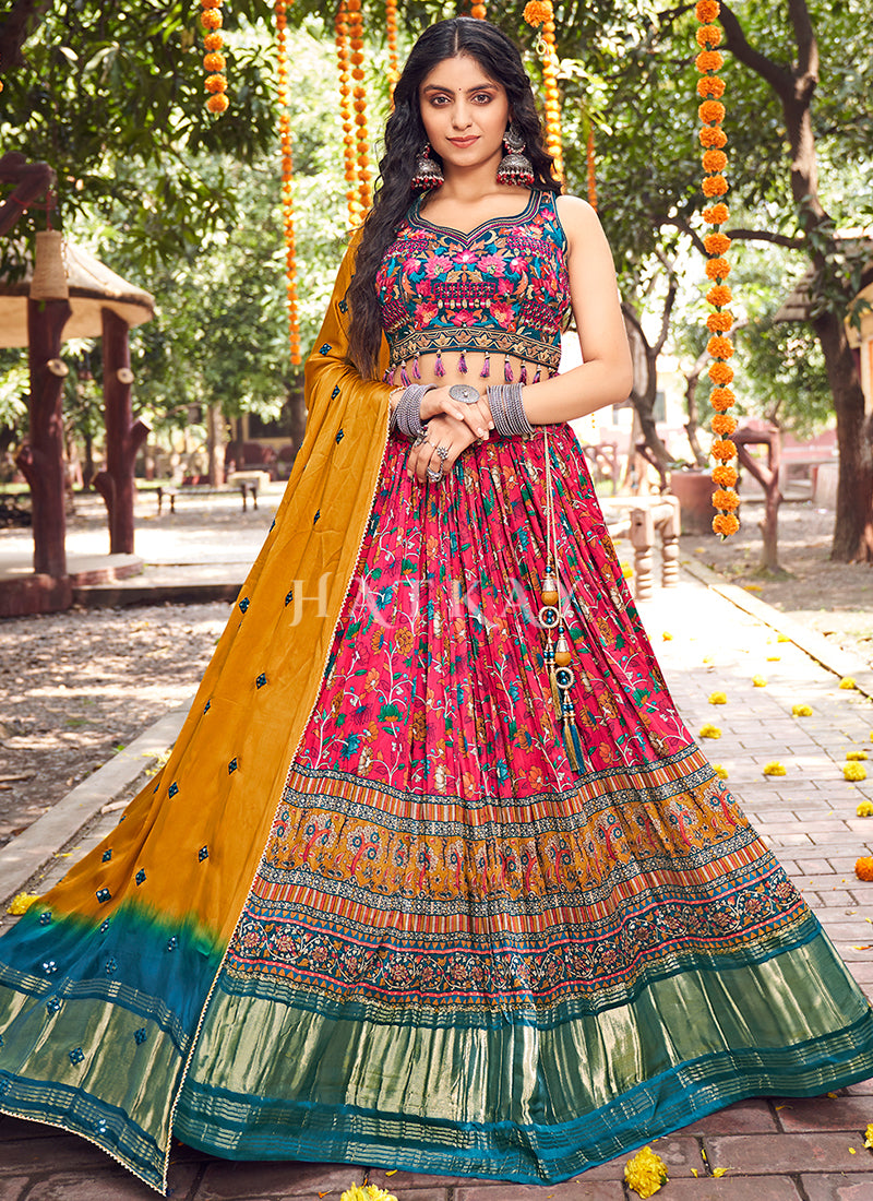 Buy Lehenga Choli - Pink Multi Mirror Work Embroidery Satin Lehenga Choli