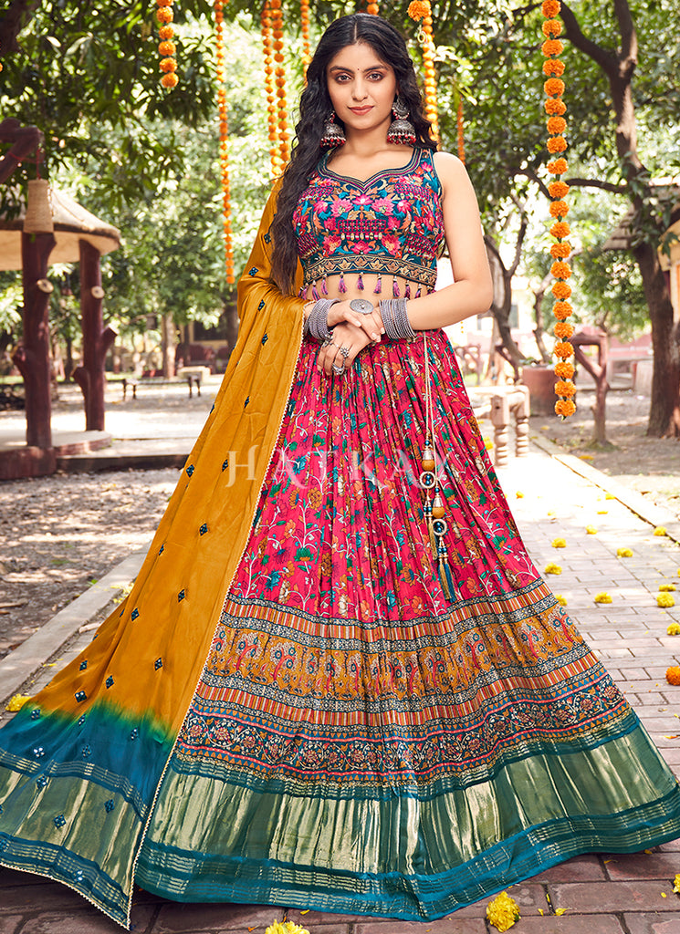 Buy Lehenga Choli - Pink Multi Mirror Work Embroidery Satin Lehenga Choli