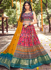 Buy Lehenga Choli - Pink Multi Mirror Work Embroidery Satin Lehenga Choli