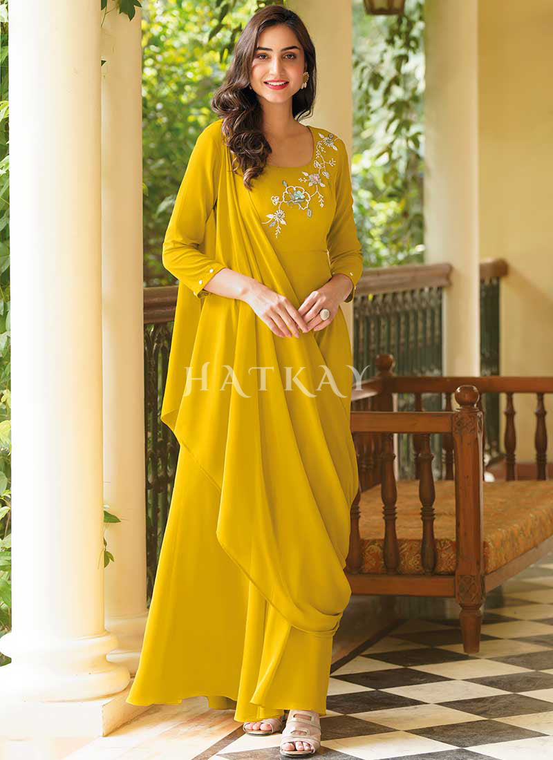 Yellow Embroidered Georgette Anarkali Gown