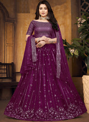 Plum Purple Mirror Work Net Lehenga Choli