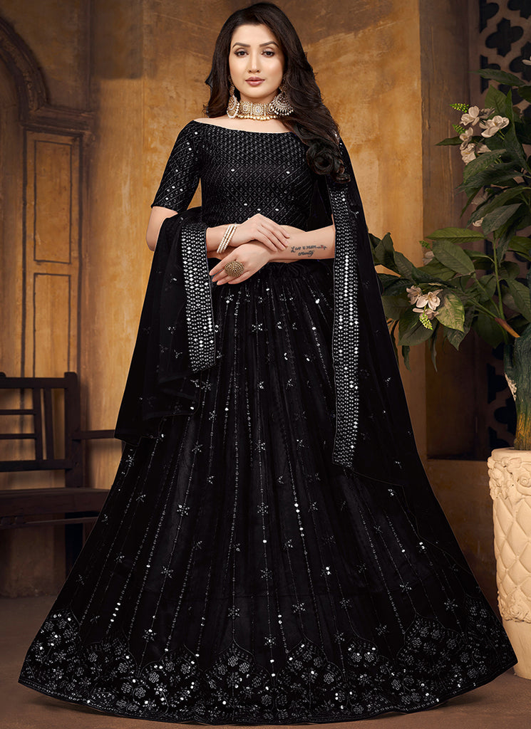 Black Mirror Work Net Lehenga Choli