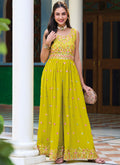 Neon Yellow Multi Embroidered Flared Jumpsuit