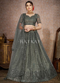 Slate Grey Mirror Work Embroidery Net Lehenga Choli
