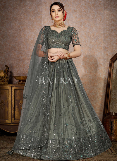 Slate Grey Mirror Work Embroidery Net Lehenga Choli