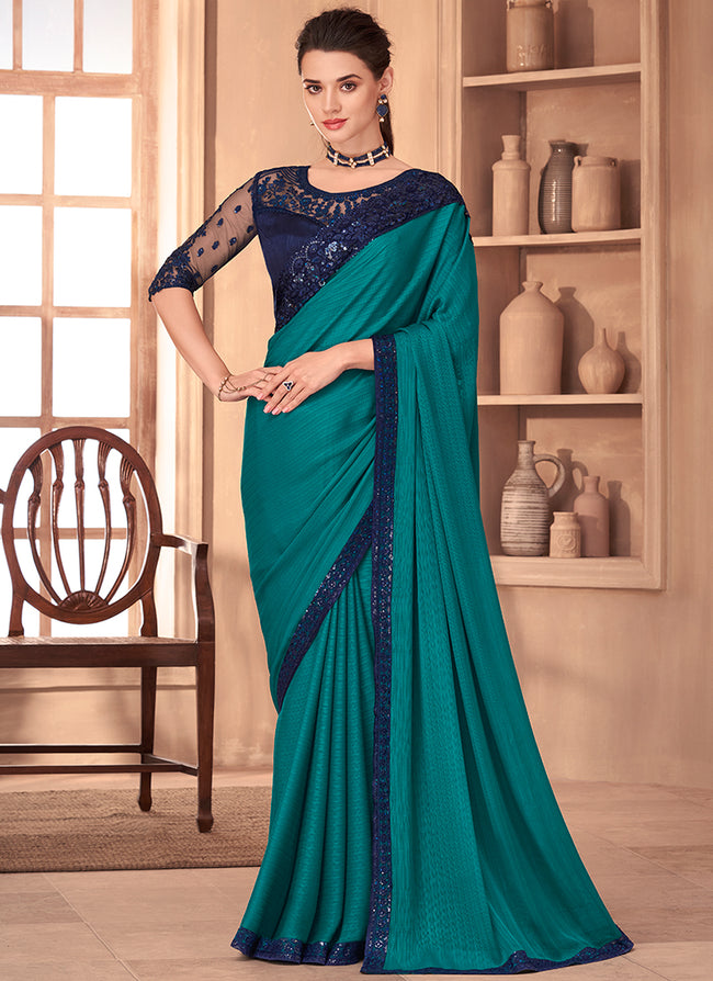 Turquoise Sequence Embroidery Traditional Wedding Saree
