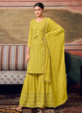 Bright Yellow Mirror Work Embroidered Georgette Sharara Suit