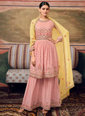 Pink And Yellow Mirror Work Embroidered Georgette Sharara Suit