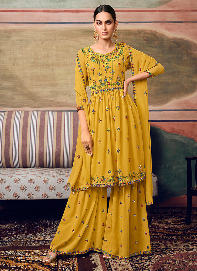 yellow color georgette satin sharara style suit – Joshindia