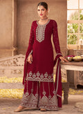 Deep Red Zari Embroidered Festive Palazzo Style Suit