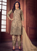 Beige Zari Embroidered Traditional Pant Suit