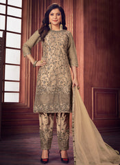 Beige Zari Embroidered Traditional Pant Suit