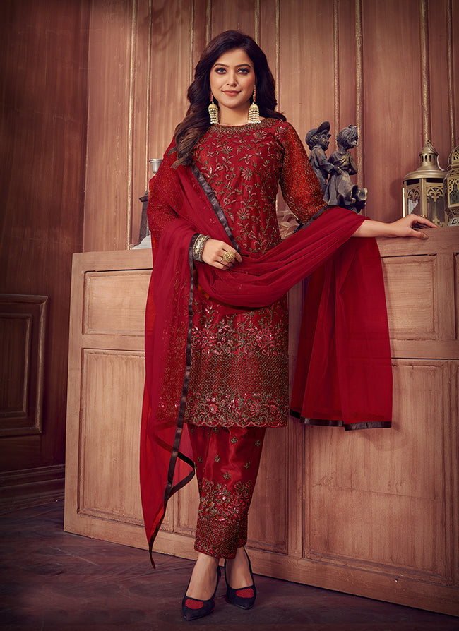Red Zari Embroidered Traditional Pant Suit