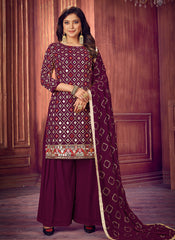Wine Mirror Embroidered Palazzo Suit