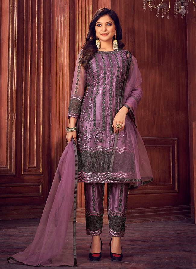Lavender Designer Pakistani Embroidered Pant Style Suit