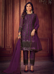 Purple Designer Pakistani Embroidered Pant Style Suit