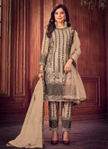 Beige Designer Pakistani Embroidered Pant Style Suit