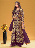 Wine Golden Embroidered Slit Style Palazzo Suit