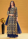 Royal Blue Golden Embroidered Slit Style Palazzo Suit