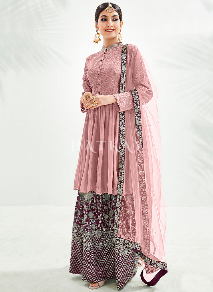 Pink And Maroon Embroidery Traditional Gharara Suit