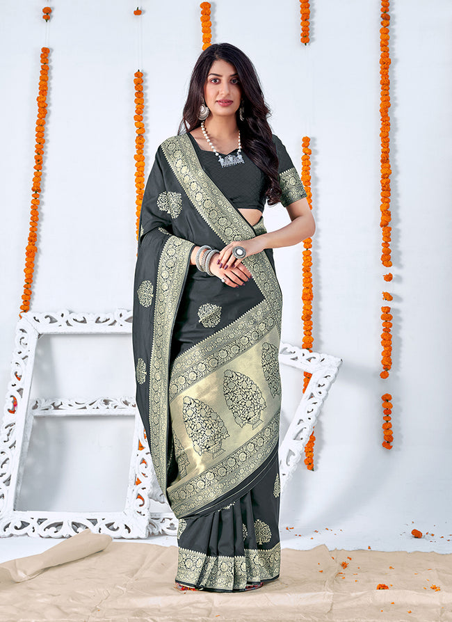 Slate Black Embellished Banarasi Silk Saree 