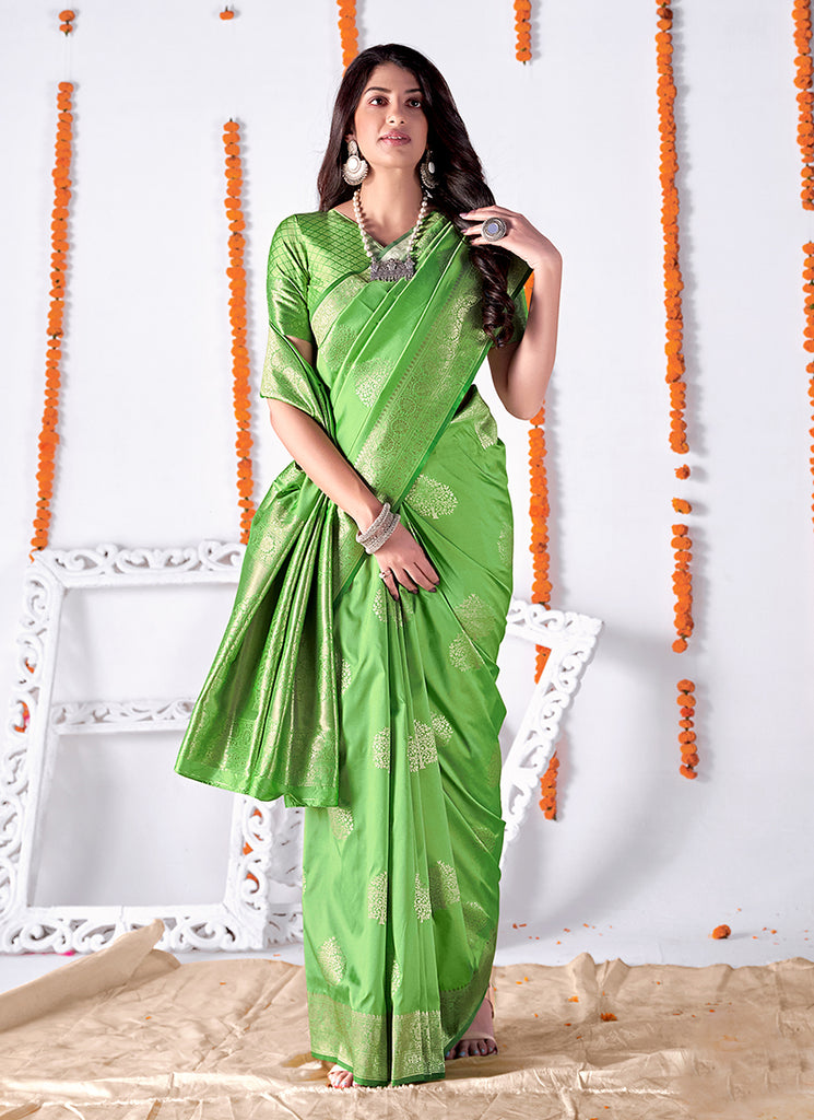 Lime Green Embellished Banarasi Silk Saree 