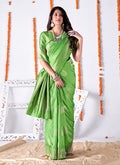 Lime Green Embellished Banarasi Silk Saree 