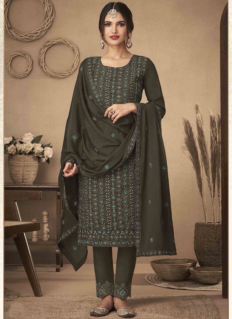Buy Green Thread Embroidery Net Salwar Kameez from Ethnic Plus