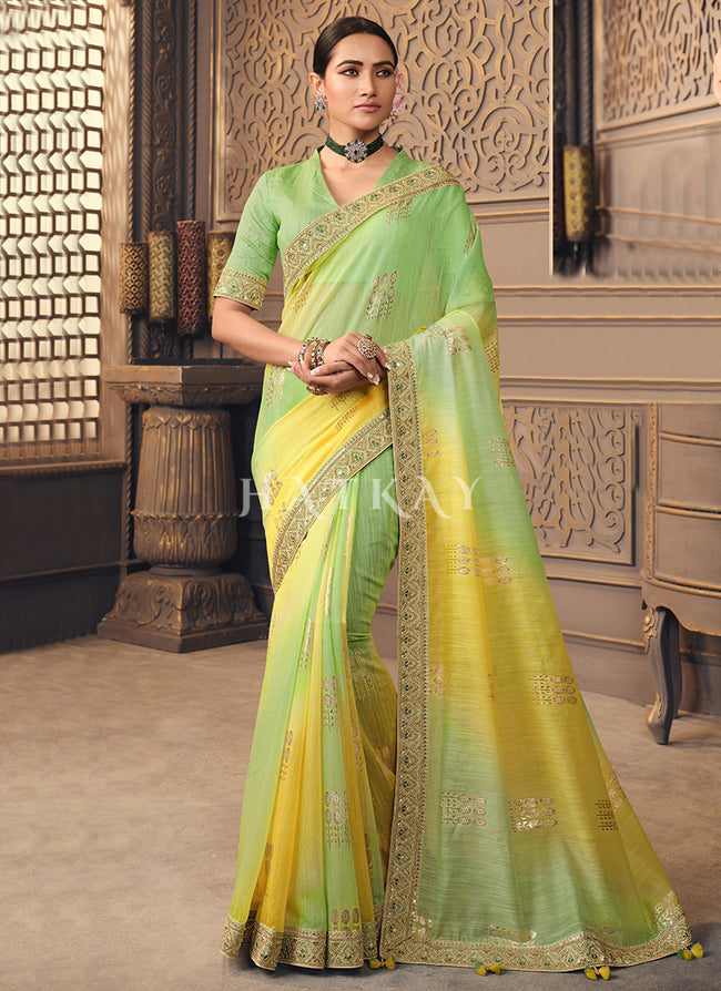 Green Yellow Zari Embroidery Organza Silk Saree
